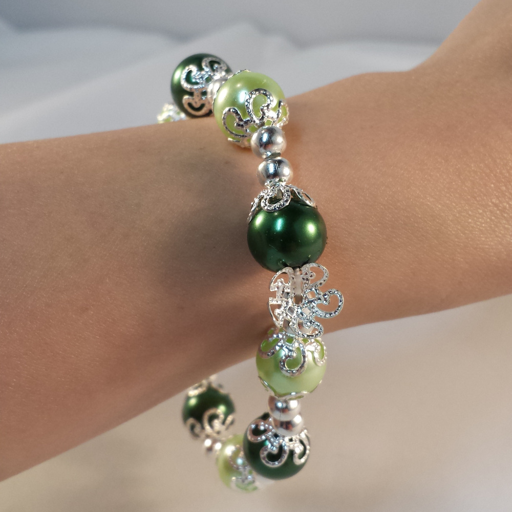 Silver Green Pearl Stretch Bead Bracelet 10mm